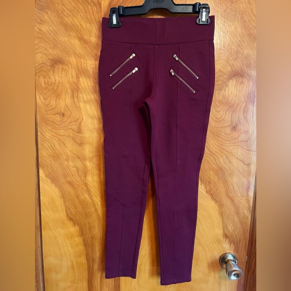 Burgundy Pants with Gold Zippers